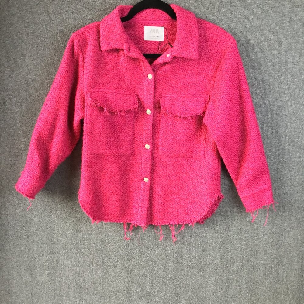 Zara Raw Hem Frayed Textured Overshirt Jacket Jr. Sz 11/12 Fuschia Pink